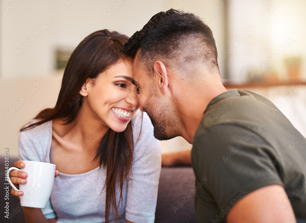 Home, forehead and couple on sofa, care and bonding together with smile, romantic and relationship. Apartment, relax and woman with coffee, man and love with trust, marriage and happiness in lounge
