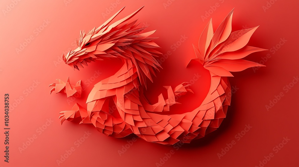 Obraz premium Paper cut origami dragon, intricate folded silhouette, 3D illustration