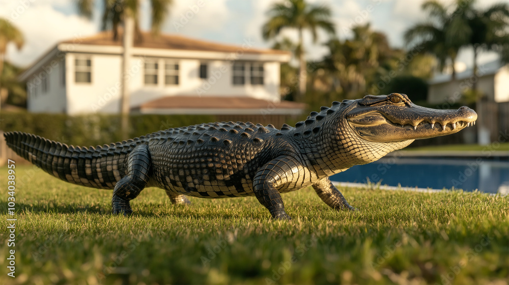 Alligator walking through suburban backyard in Miami, Florida, human-wildlife interaction
Alligator walking through suburban backyard in Miami, Florida, human-wildlife interaction