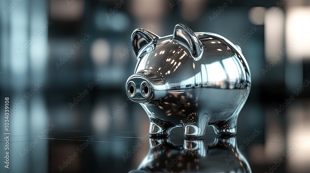 Silver piggy bank on a shiny surface, representing wealth and high-value savings. Silver piggy bank on a shiny surface, representing wealth and high-value savings.