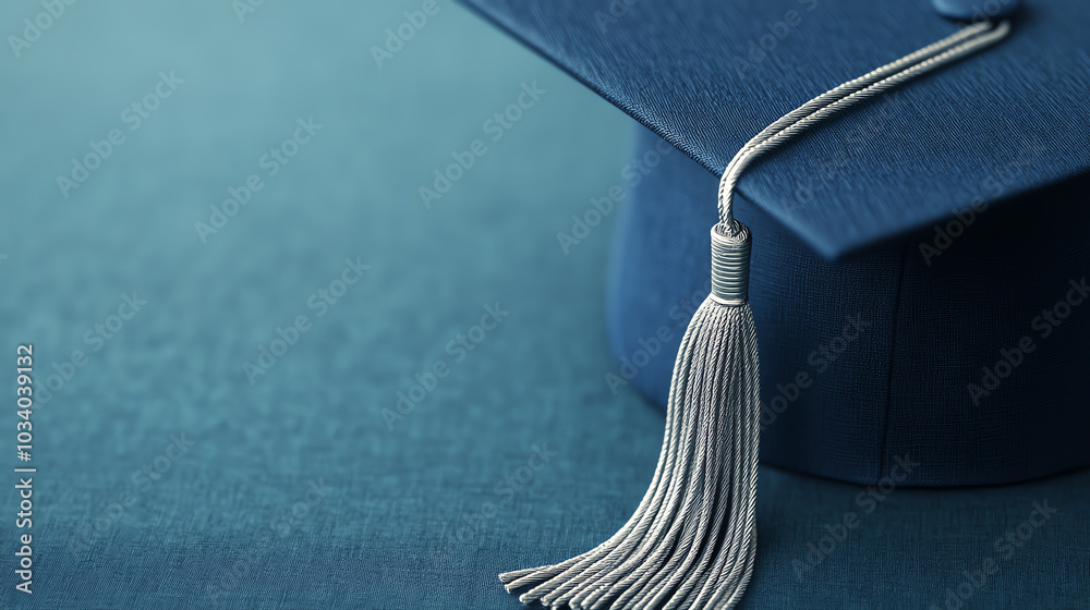 Close-up shot of a blue graduation cap with a silver tassel on a textured background, symbolizing achievement and academic success.
