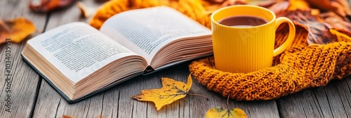 An open book rests on a table surrounded by autumn leaves, next to a warm mug wrapped in a knitted scarf. photo