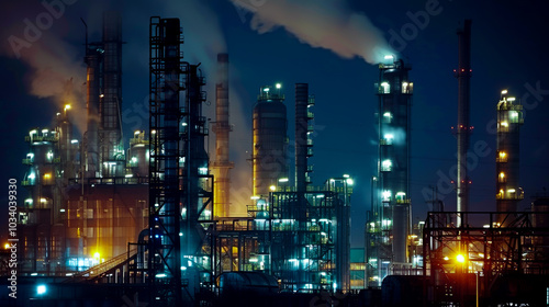 Wallpaper Mural Illuminated chemical plant at night showcasing towering structures and steam rising into dark sky, creating dramatic industrial scene Torontodigital.ca