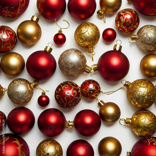 A set of shiny red and gold Christmas baubles, beautifully arranged