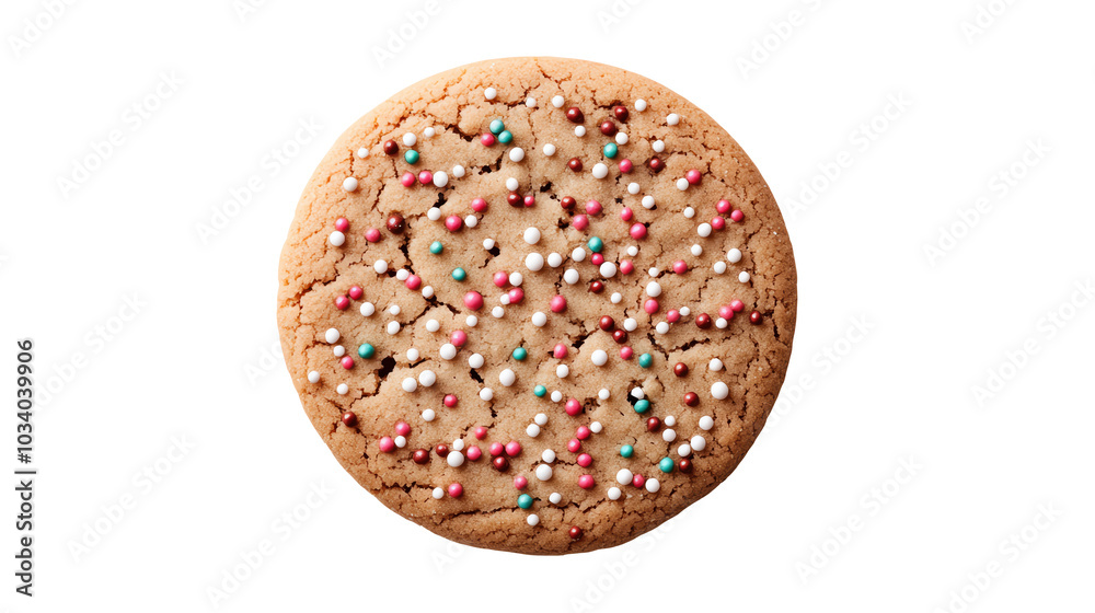 Cookie with colorful sprinkles, top view on a white isolated background.