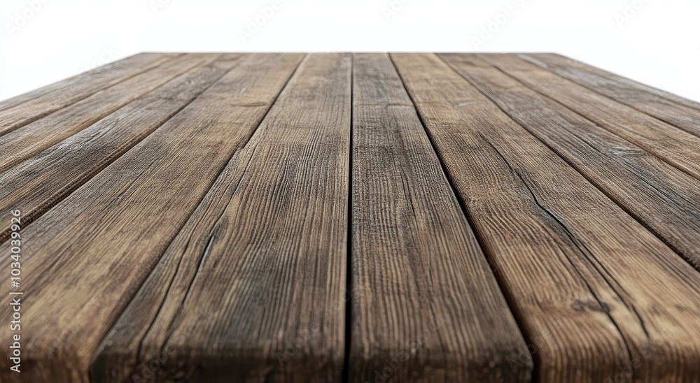Fototapeta premium Wooden tabletop with the texture of old wooden planks, isolated on a white background. 3D rendering, close-up shot