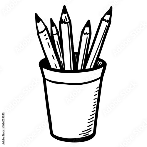 A cup with pencils in it. The pencils are black and the cup is white. The pencils are arranged in a row