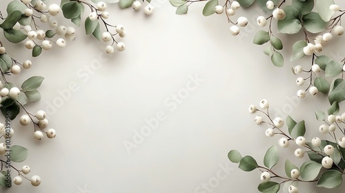 Delicate watercolor mistletoe branches, soft greens and white berries, floating on a light gray background, seamless pattern