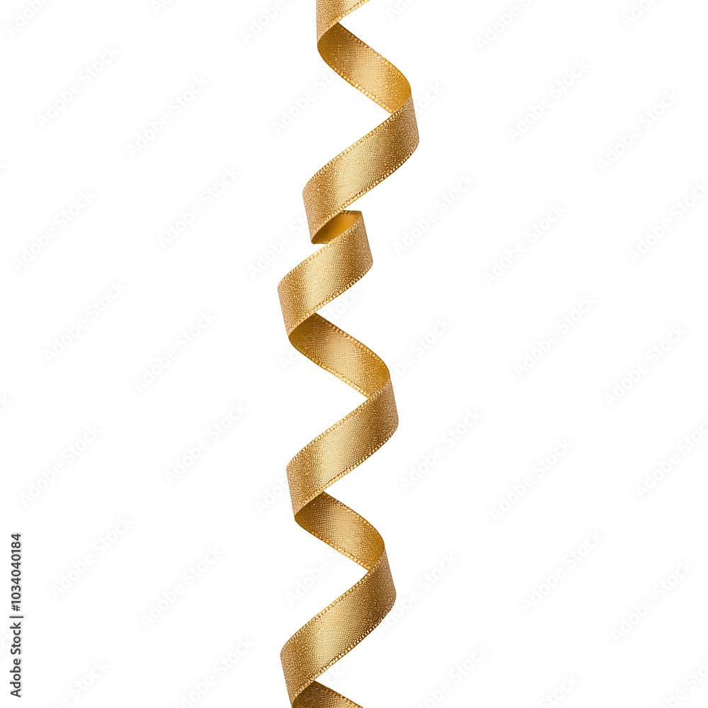 Golden ribbon in a spiral shape, perfect for decoration on gifts or events. Golden ribbon in a spiral shape, perfect for decoration on gifts or events.