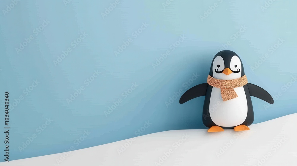 Obraz premium A cute penguin figurine with a scarf stands against a light blue background evoking a playful and cheerful atmosphere