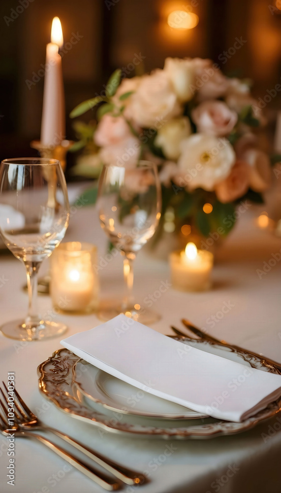 Elegant table place setting with a blank menu card, ideal for weddings, events, or upscale dining. Perfect for themes of luxury decor, event styling, and fine dining ambiance. Elegant table place setting with a blank menu card, ideal for weddings, events, or upscale dining. Perfect for themes of luxury decor, event styling, and fine dining ambiance.
