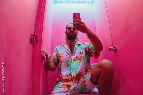 A person sitting on a toilet taking a self-portrait with their smartphone photo