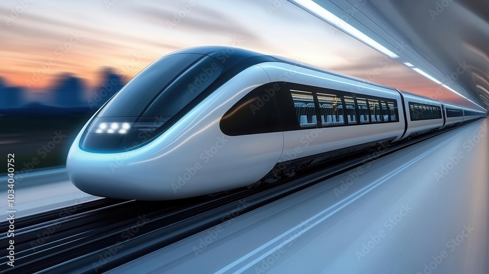 Futuristic high-speed train speeding through a modern railway tunnel at dusk, showcasing advanced design and technology.