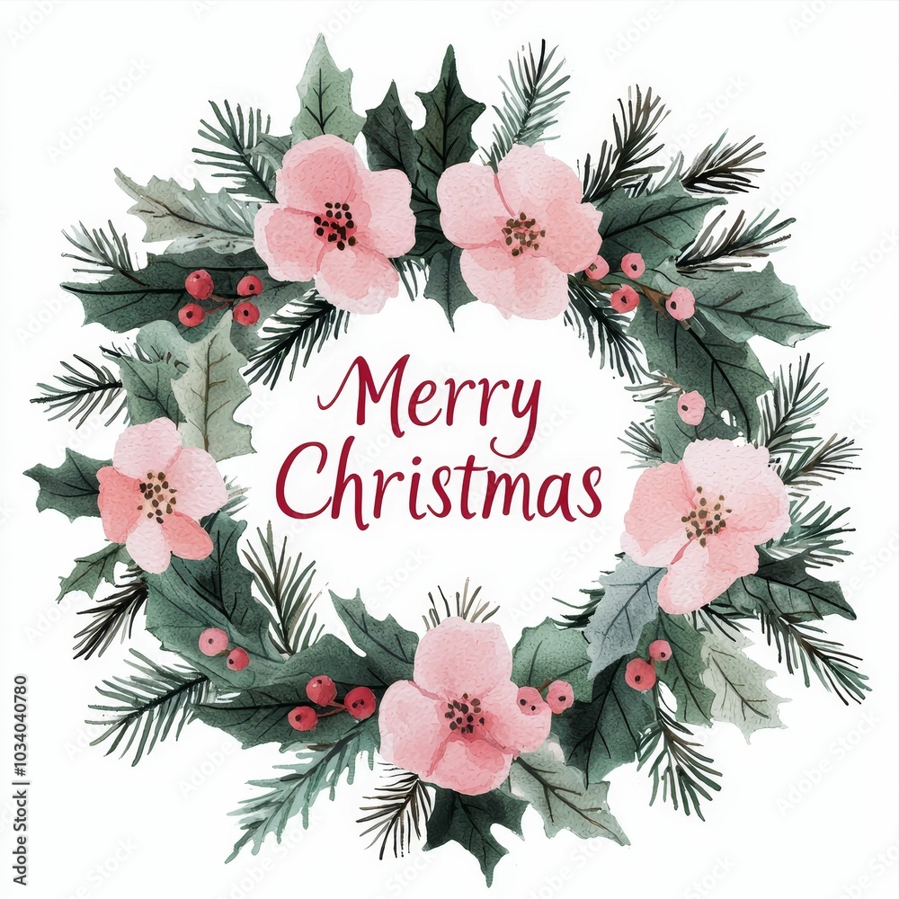 A festive wreath featuring pink flowers and green foliage, with 