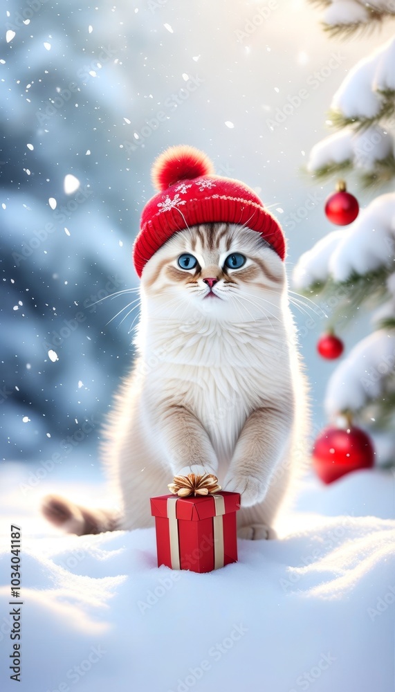 A fluffy white kitten wearing a red beanie holds a small gift box in its paws, sitting in the snow with a Christmas tree in the background. A fluffy white kitten wearing a red beanie holds a small gift box in its paws, sitting in the snow with a Christmas tree in the background.
