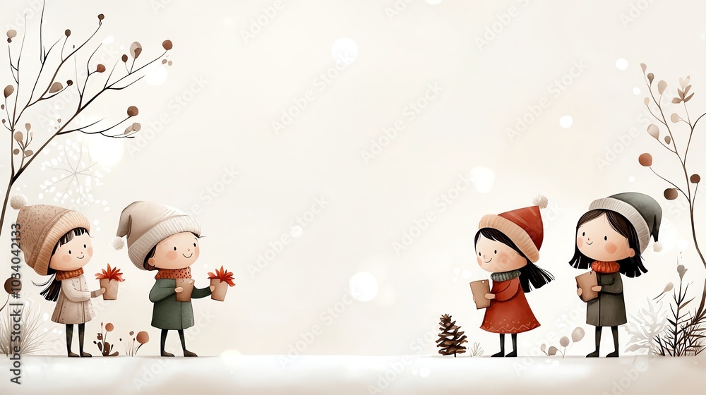 Fototapeta premium Watercolor Christmas carolers with simple outfits, in light red and green, set on a soft beige background, seamless design