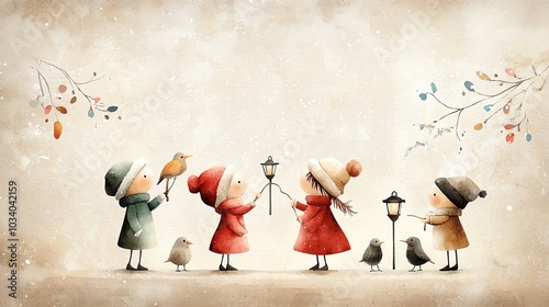 Watercolor Christmas carolers with simple outfits, in light red and green, set on a soft beige background, seamless design
