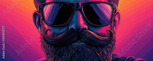 A vibrant stylized portrait of a man with sunglasses and a distinctive beard set against a colorful gradient background