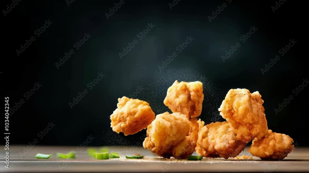 Crispy fried chicken pieces falling on wooden surface, garnished with green onions, create delicious and savory snack appetizer that is perfect for food lovers.