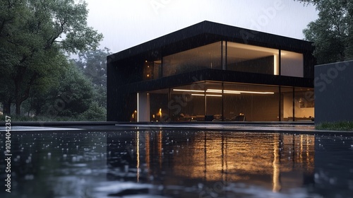 Modern Black House with Pool and Rain