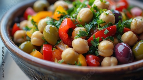 A close-up shot of a bowl filled with a chickpea salad with red peppers, green olives, and parsley.