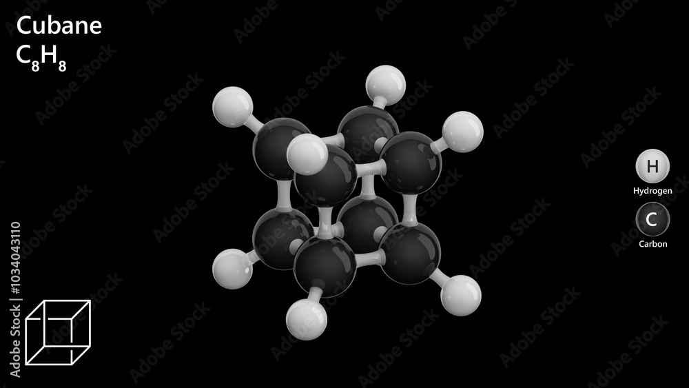 Molecule of Cubane, is a unique hydrocarbon with a cubic structure, featuring carbon atoms arranged at 90° angles. Molecular formula: C8H8. Chemical model: Ball and Stick. Black back. 3d illustration Molecule of Cubane, is a unique hydrocarbon with a cubic structure, featuring carbon atoms arranged at 90° angles. Molecular formula: C8H8. Chemical model: Ball and Stick. Black back. 3d illustration