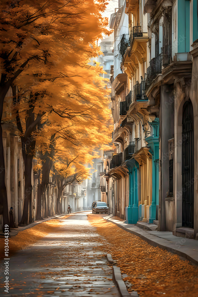 Yellow fall leaves lie on the old streets of Havana with classic architecture. The setting creates a nostalgic atmosphere. Yellow fall leaves lie on the old streets of Havana with classic architecture. The setting creates a nostalgic atmosphere.