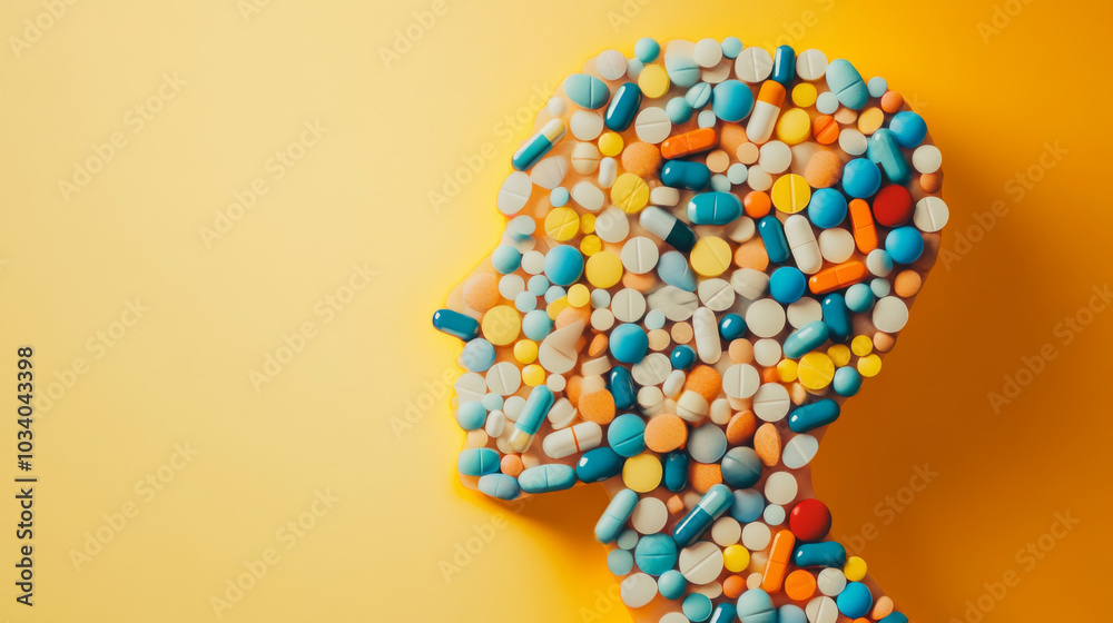 Head made of various pills against color background Head made of various pills against color background