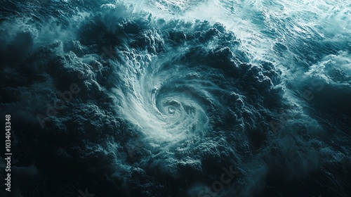 30 Overhead view of hurricane clouds swirling over the ocean, eye of the storm in the center, intense cloud formations, high contrast, muted blue and grey tones