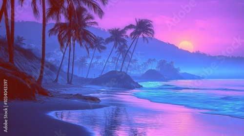 Tropical Sunset Beach with Palm Trees and Ocean photo