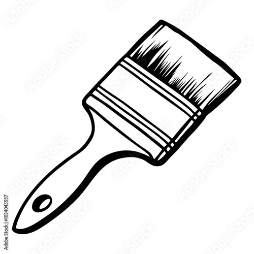 A paintbrush is shown in black and white. The brush is the main focus of the image, and it is a standard paintbrush with a wooden handle. The brush is positioned upright