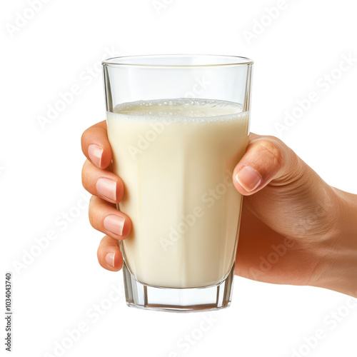 Refreshing glass of milk held by a hand indoors