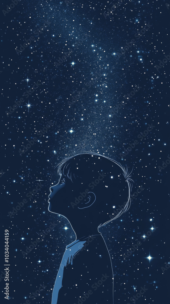 Fototapeta premium Child silhouette with stars in head, concept of imagination, dreams and universe, dark blue background