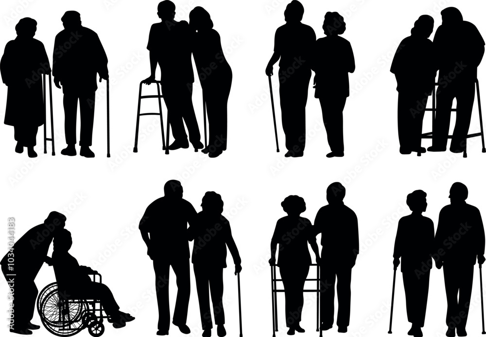 Old couple silhouettes vector illustration set