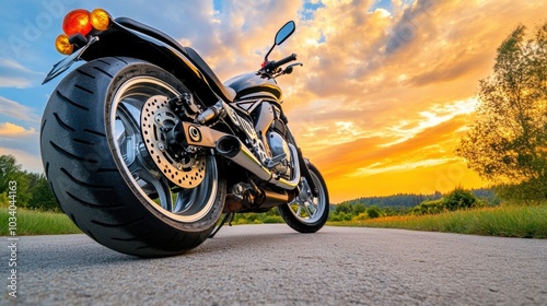 Sleek Motorcycle Thundering Down Scenic Sunset Highway