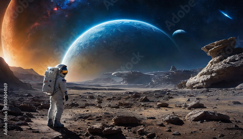 Strange planet in the deep space, science fiction concept background.