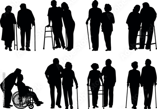Old couple silhouettes vector illustration set