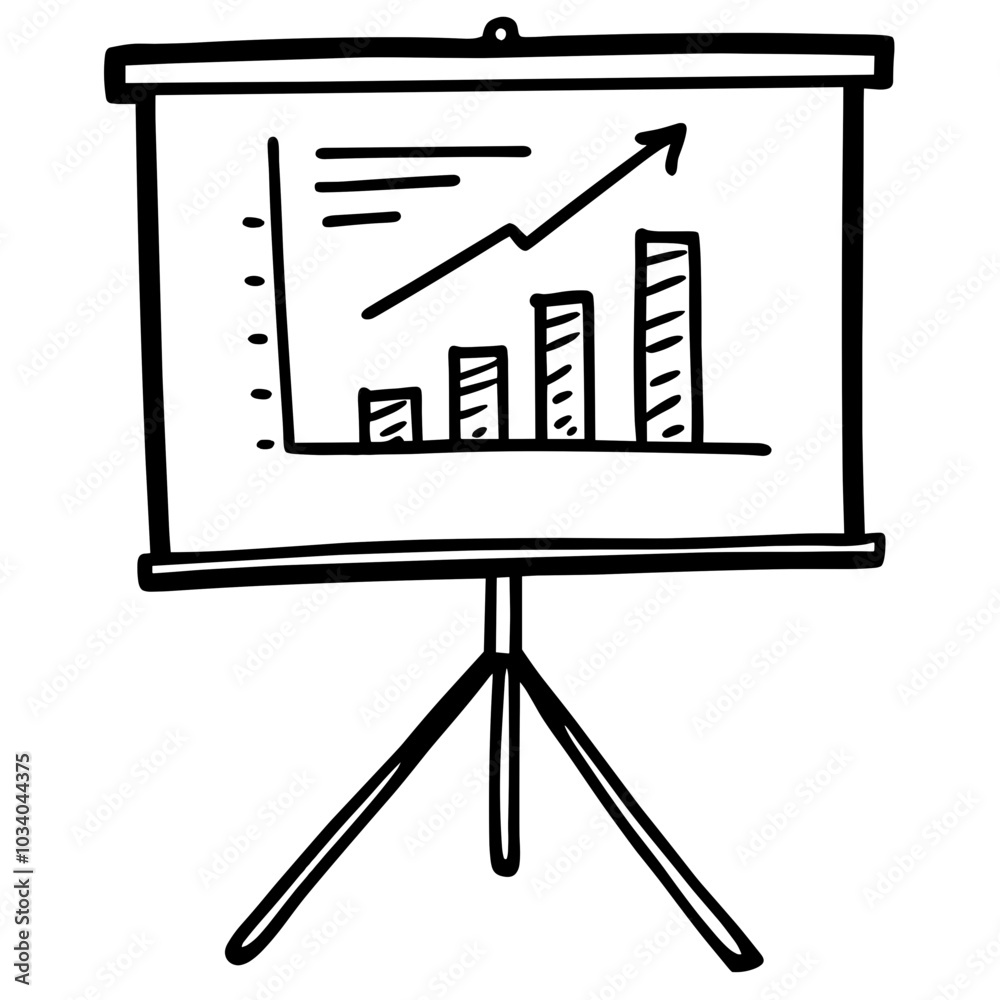 A black and white drawing of a projector screen with a graph on it. The graph is a line that is going up, indicating growth