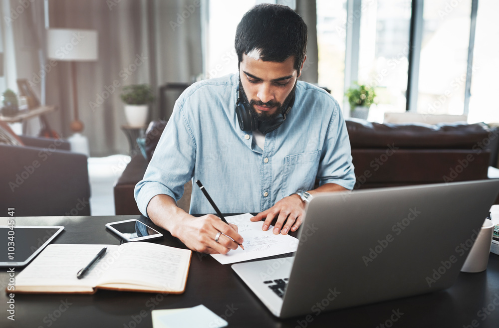Business man, notebook and laptop for remote work, research and planning in home with brainstorming idea. African person, writing and tech for project management, schedule and calendar with timeline Business man, notebook and laptop for remote work, research and planning in home with brainstorming idea. African person, writing and tech for project management, schedule and calendar with timeline