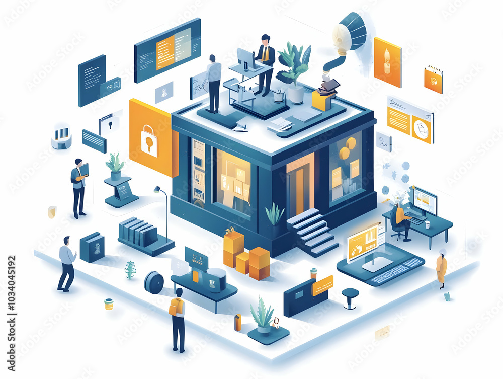 Flat Floating Miniature Campaign Headquarters with Orbiting Staff in Space: Medium Shot Vector Illustration of Business Activities on White Background | Smart Business Concept Flat Floating Miniature Campaign Headquarters with Orbiting Staff in Space: Medium Shot Vector Illustration of Business Activities on White Background | Smart Business Concept
