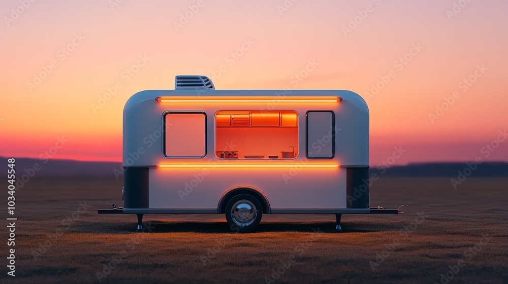 A futuristic food truck equipped with smart cooking tech, sunset background, wideangle shot A futuristic food truck equipped with smart cooking tech, sunset background, wideangle shot