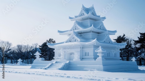 Wallpaper Mural A stunning snow sculpture of a traditional Japanese pagoda against a clear blue sky. Torontodigital.ca