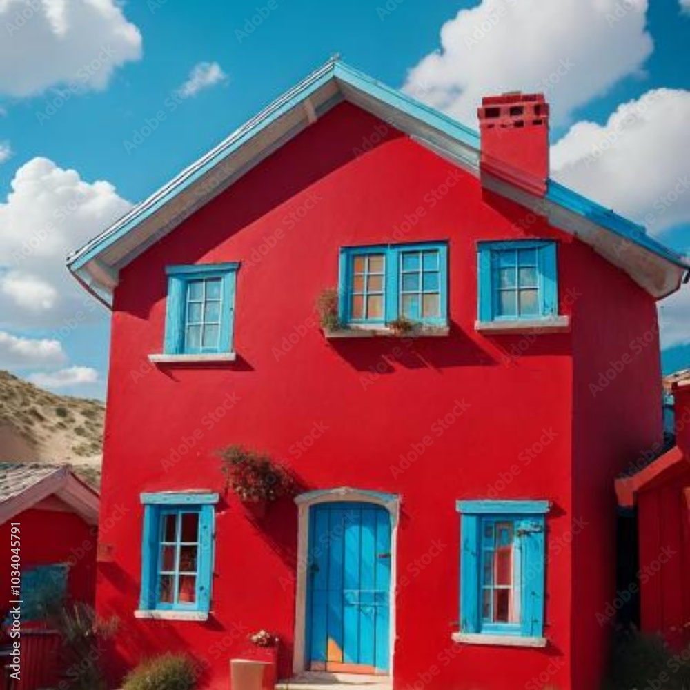 Small Red Houses Blue Window And Doors Putty In 3D, Background With Small White Clouds Small Red Houses Blue Window And Doors Putty In 3D, Background With Small White Clouds