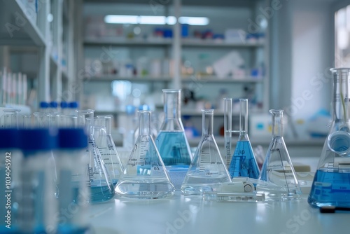 Laboratory glassware with blue liquid on a white table.