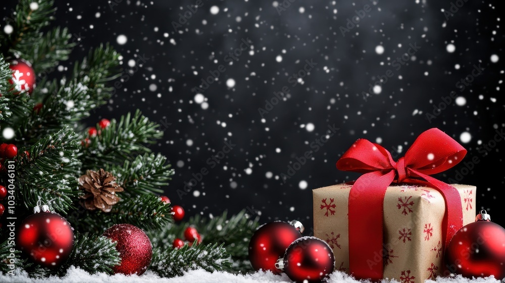 A beautifully wrapped Christmas gift with a red bow under a decorated tree A beautifully wrapped Christmas gift with a red bow under a decorated tree