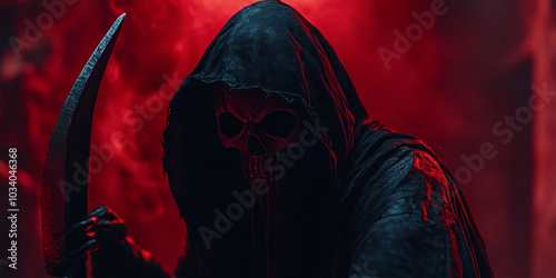 Halloween Background,Hooded skull in dark coat, dark in danger, scary face hidden in shadow,Generated By Ai