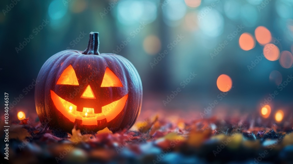A glowing Halloween pumpkin with a mischievous grin, surrounded by festive decorations in a mystical, colorful setting. A glowing Halloween pumpkin with a mischievous grin, surrounded by festive decorations in a mystical, colorful setting.
