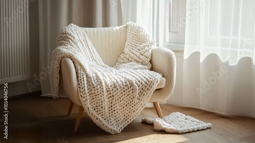 Cozy white armchair with a chunky knit blanket in a bright living room. photo