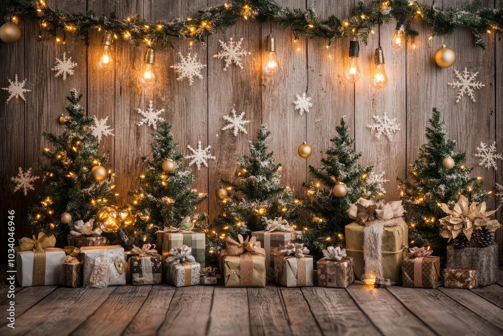 Low-angle Christmas backdrop with stars, presents, golden lights, and boho-draped green trees against a white wooden wall, dark vintage style.