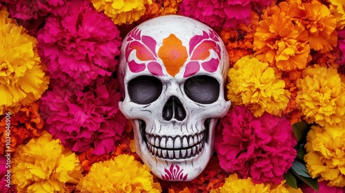 A vibrant Da de los Muertos a decorated skull surrounded by bright marigold flowers.